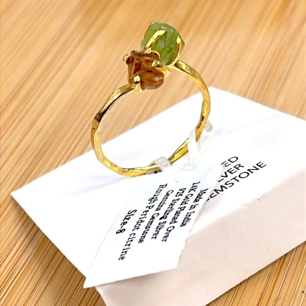 Brand New 14K Gold Plated Sterling Silver Genuine Gemstone Peridot Citrine Ring